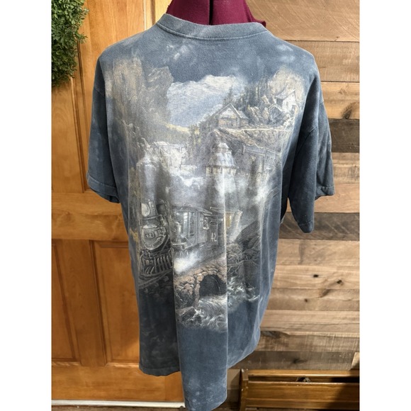 The Mountain Other - Vtg The Mountain T Shirt Men's Large Blue/Grey Tie Dye Train And Town 1998 USA